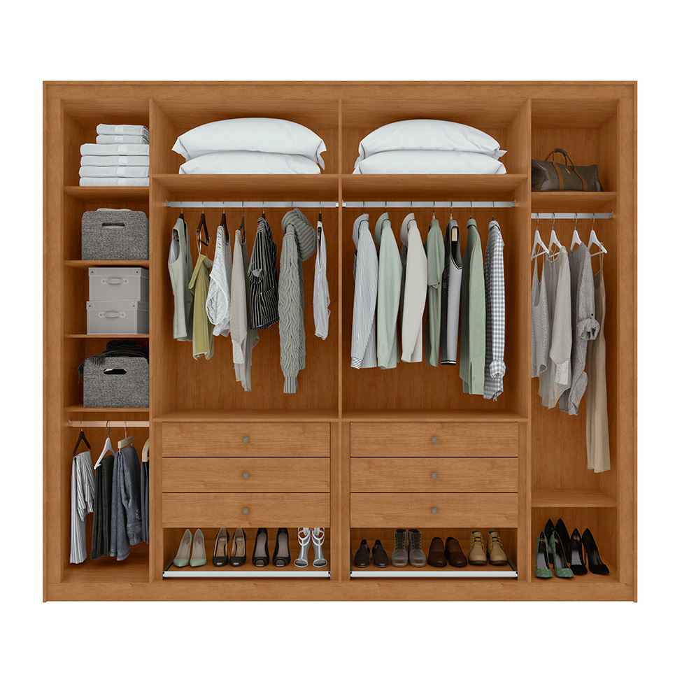 Guarda-Roupa Casal com Espelho e Sapateiro Imperatore 6 Portas 6 Gavetas Amêndoa Clean