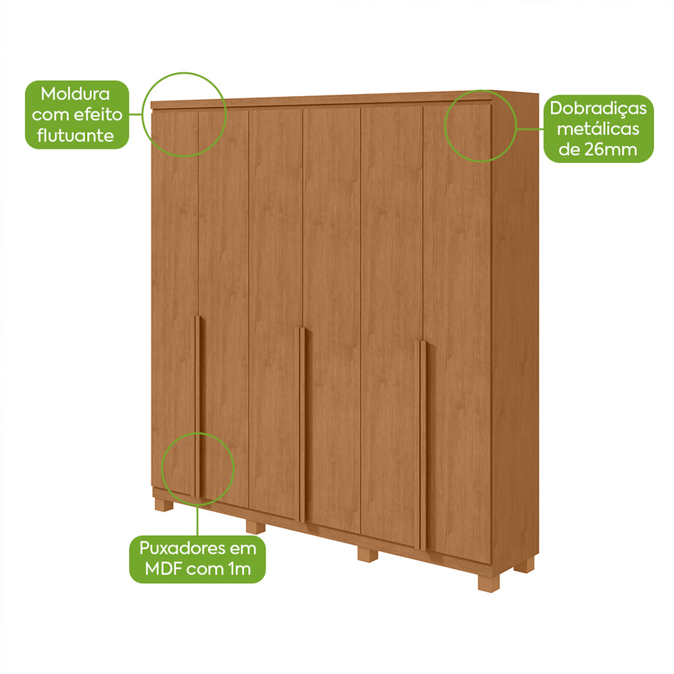 Guarda-Roupa Casal com Pés Alonzo 6 Portas 4 Gavetas Amêndoa Clean