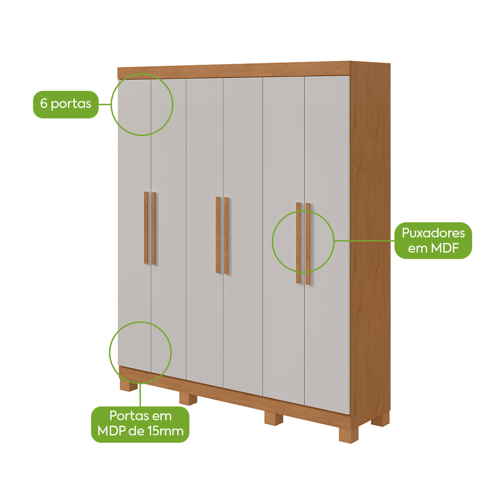 Guarda-Roupa Casal com Pés Andara 6 Portas 2 Gavetas Amêndoa Clean e Off White