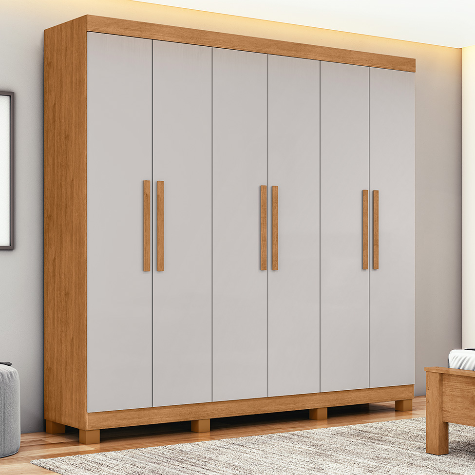Guarda-Roupa Casal com Pés Andara 6 Portas 2 Gavetas Amêndoa Clean e Off White