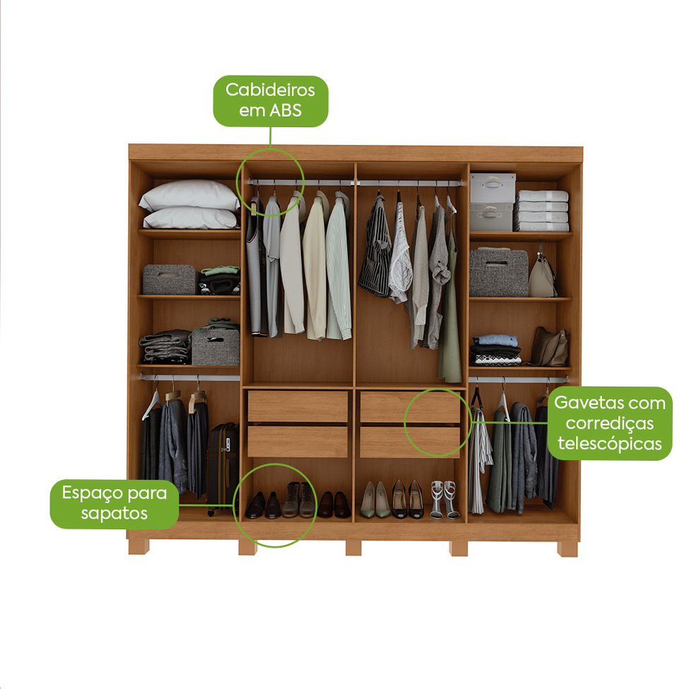 Guarda-Roupa Casal com Pés Andara 8 Portas 4 Gavetas Amêndoa Clean e Off White