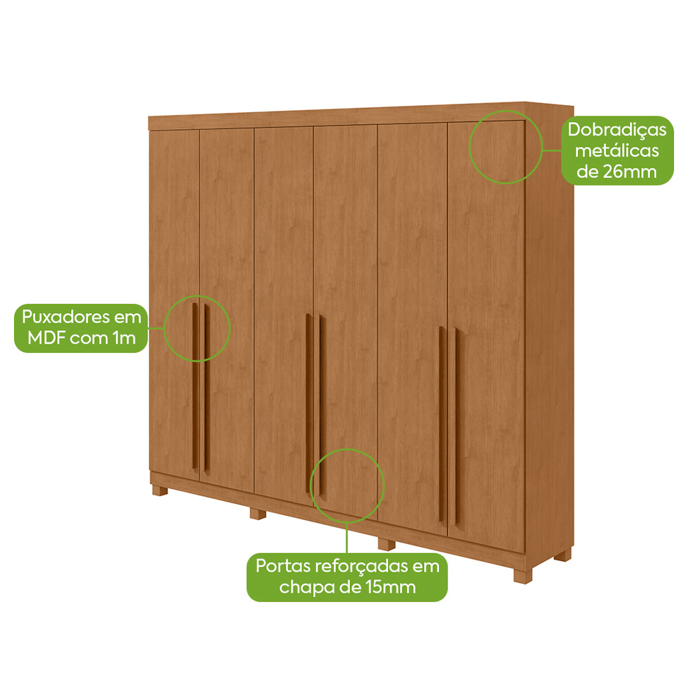 Guarda-Roupa Casal com Pés Bertha 6 Portas 4 Gavetas Amêndoa Clean