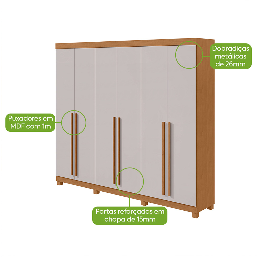 Guarda-Roupa Casal com Pés Bertha 6 Portas 4 Gavetas Amêndoa Clean e Off White