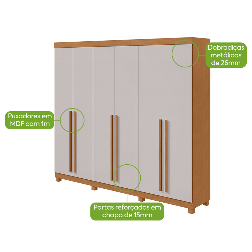 Guarda-Roupa Casal com Pés Bertha 6 Portas 6 Gavetas Amêndoa Clean e Off White