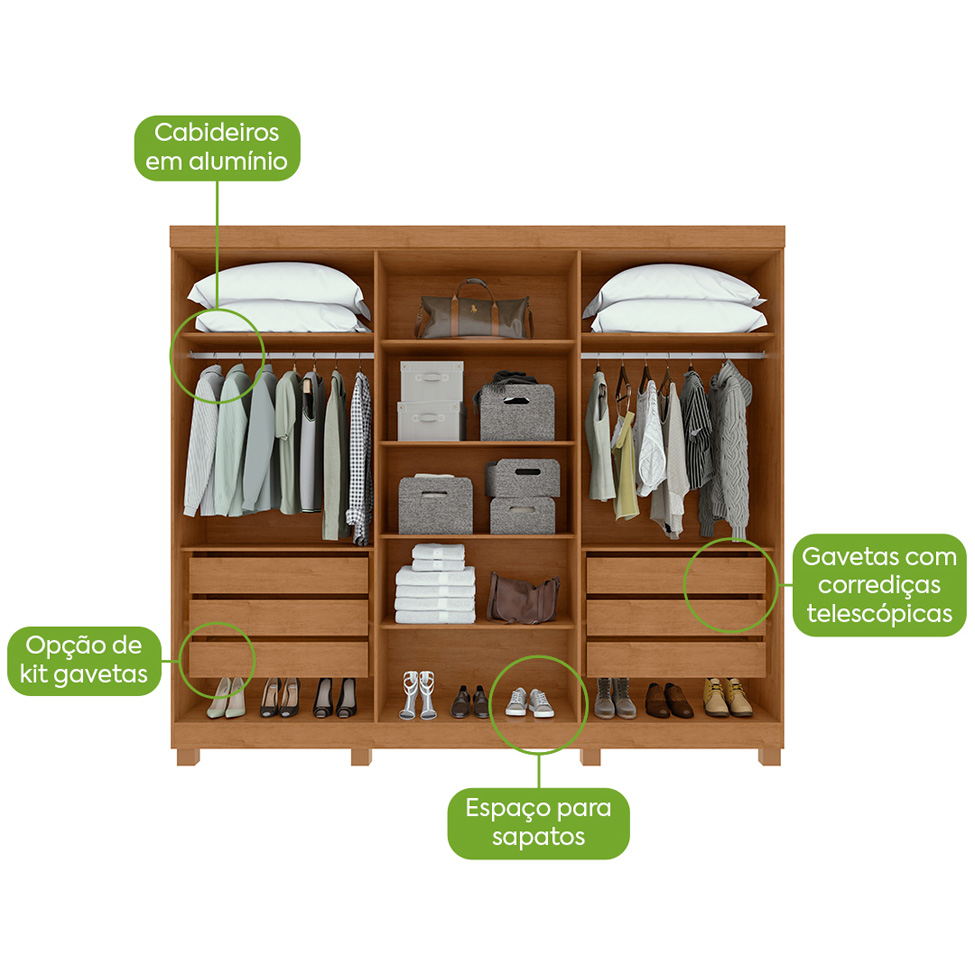 Guarda-Roupa Casal com Pés Bertha 6 Portas 6 Gavetas Amêndoa Clean e Off White