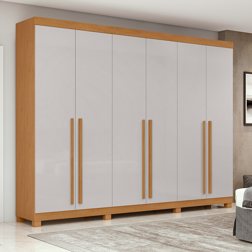 Guarda-Roupa Casal com Pés Bertha 6 Portas 6 Gavetas Amêndoa Clean e Off White
