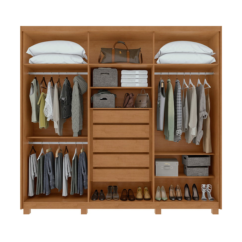 Guarda-Roupa Casal com Pés Áries 6 Portas 5 Gavetas Amêndoa Clean
