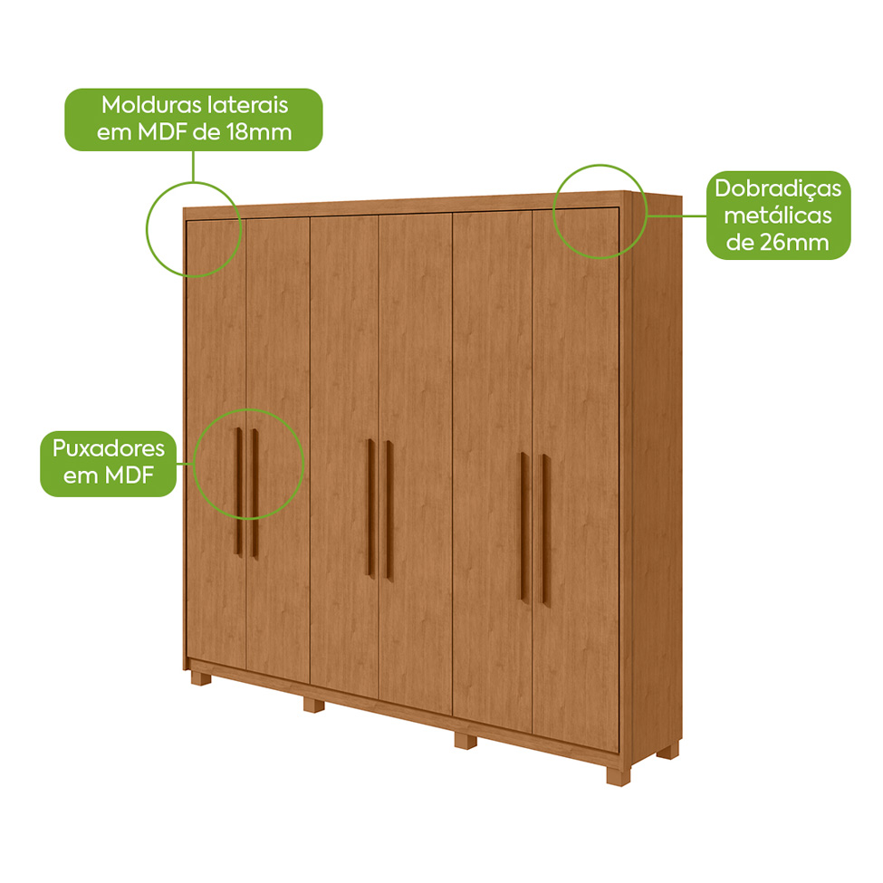 Guarda-Roupa Casal com Pés Áries 6 Portas 5 Gavetas Amêndoa Clean