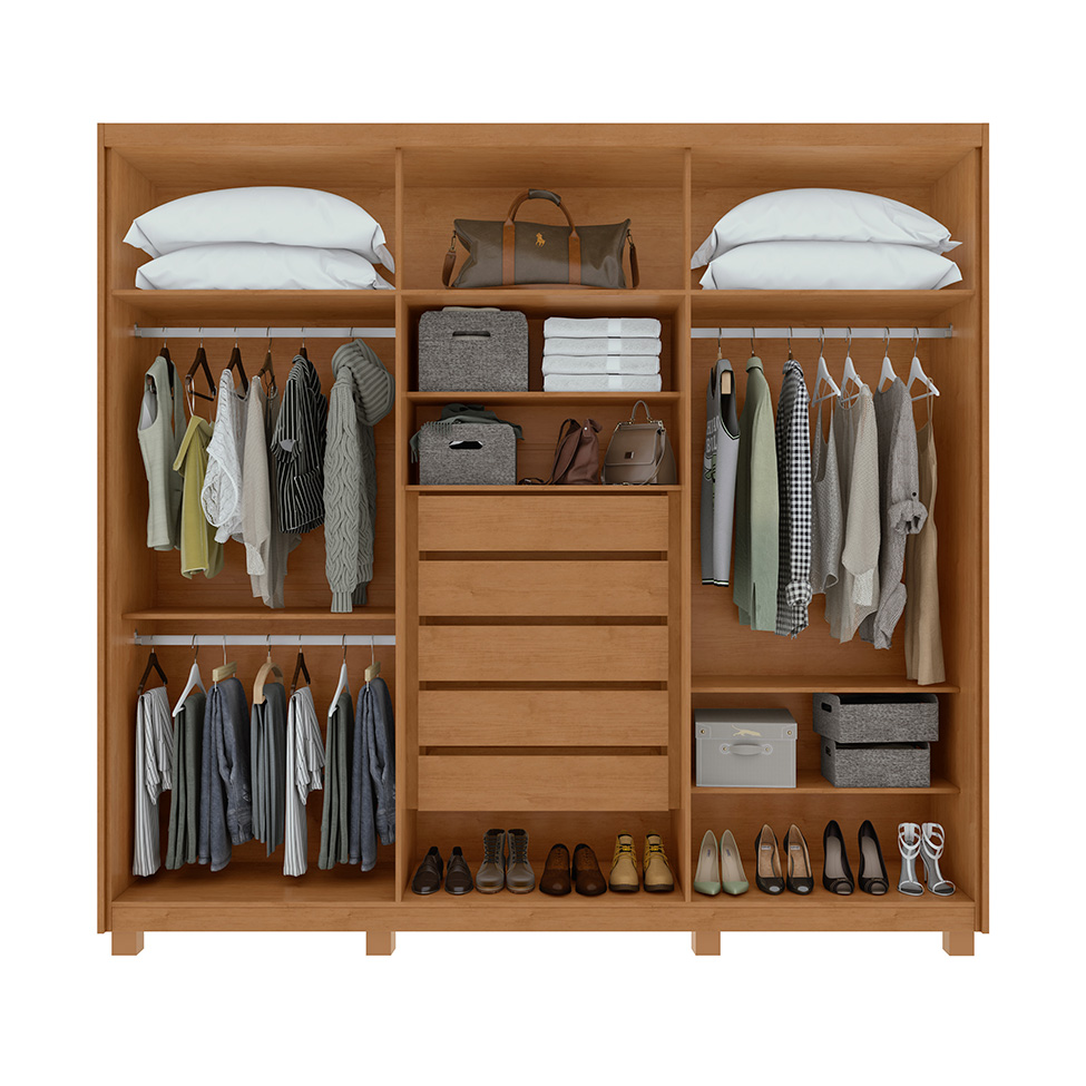 Guarda-Roupa Casal com Pés Áries 6 Portas 5 Gavetas Amêndoa Clean e Off White