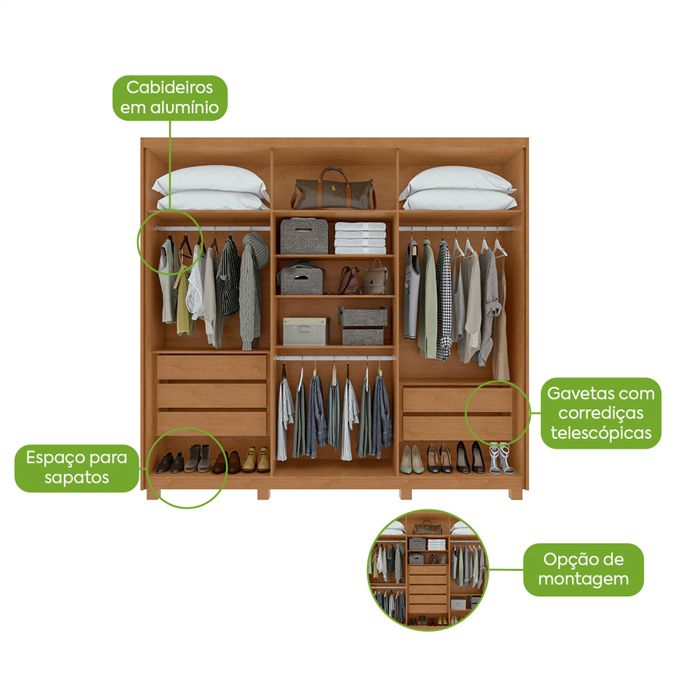 Guarda-Roupa Casal com Pés Áries 6 Portas 5 Gavetas Amêndoa Clean e Off White