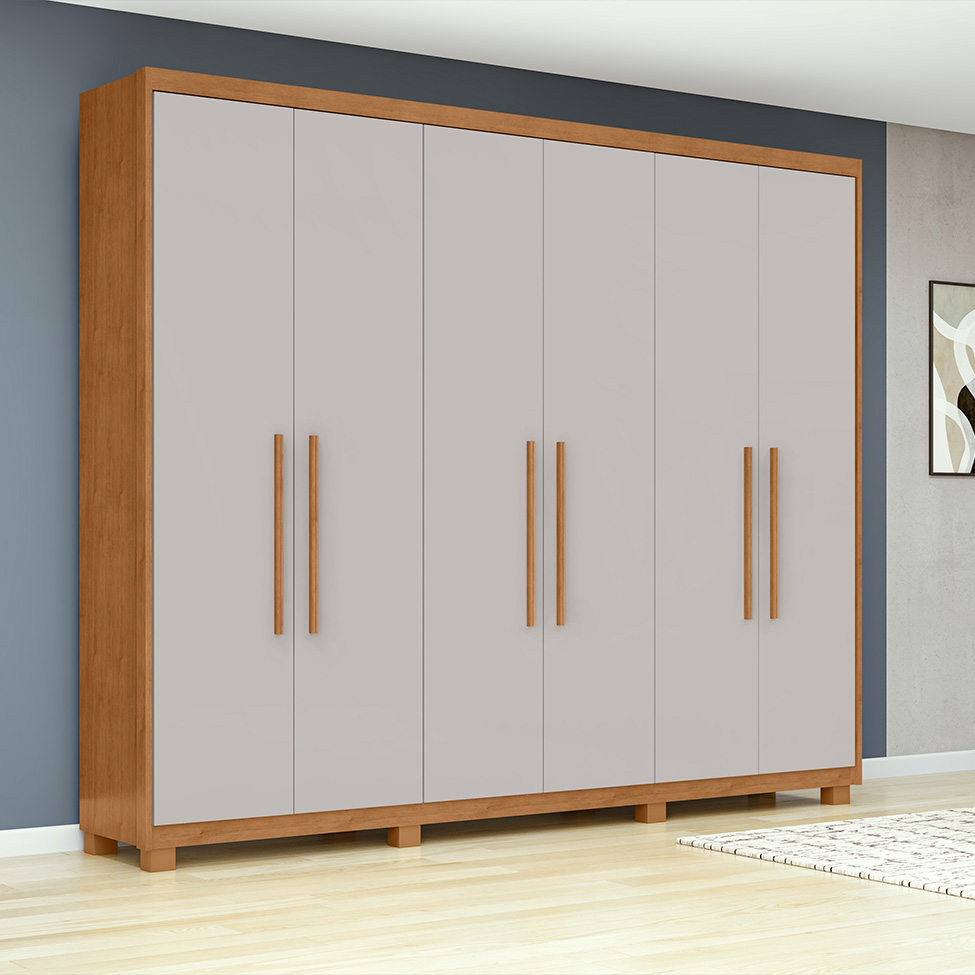 Guarda-Roupa Casal com Pés Áries 6 Portas 5 Gavetas Amêndoa Clean e Off White