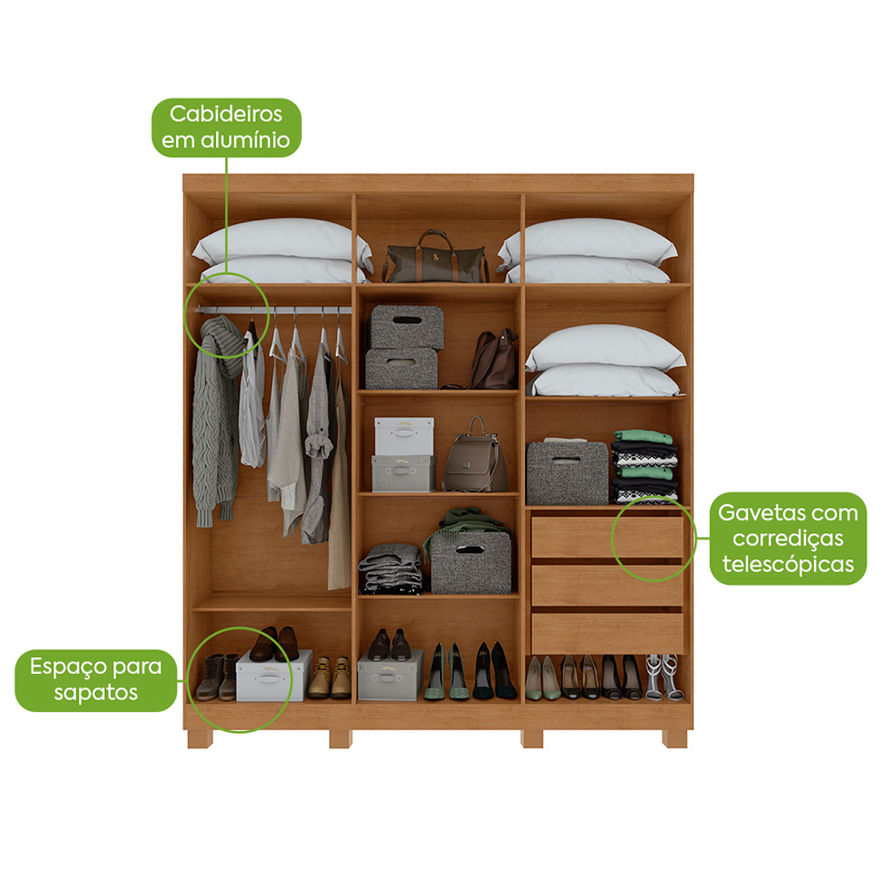 Guarda-Roupa Casal com Pés Jazz 6 Portas 3 Gavetas Amêndoa Clean