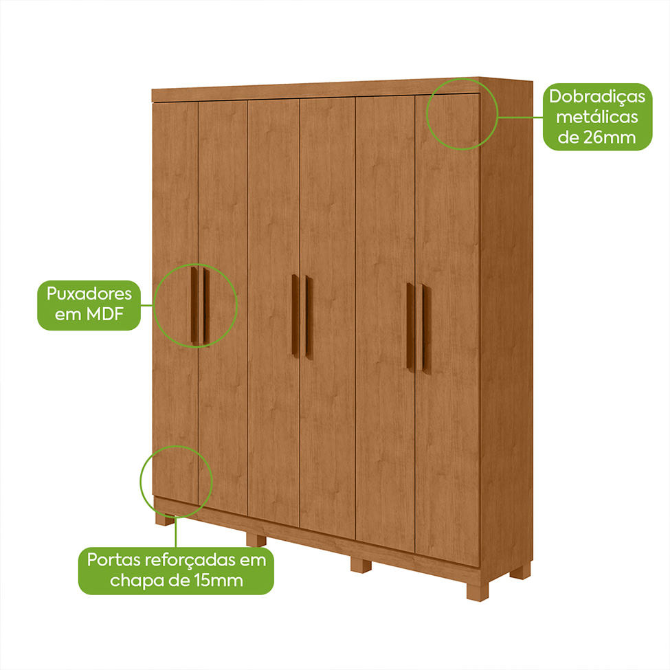 Guarda-Roupa Casal com Pés Jazz 6 Portas 3 Gavetas Amêndoa Clean