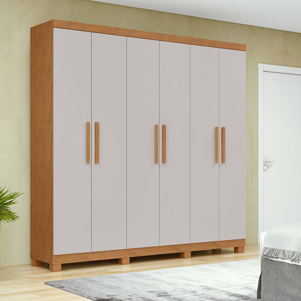 Guarda-Roupa Casal com Pés Jazz 6 Portas 3 Gavetas Amêndoa Clean e Off White