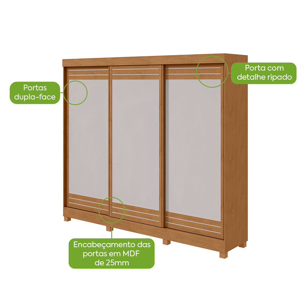 Guarda-Roupa Casal com Pés Nice 3 Portas 6 Gavetas Amêndoa Clean e Off White