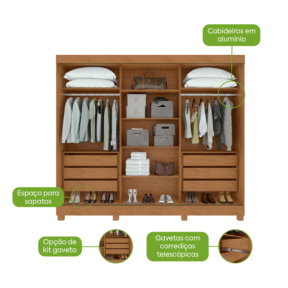 Guarda-Roupa Casal com Pés Nice 3 Portas 6 Gavetas Amêndoa Clean e Off White
