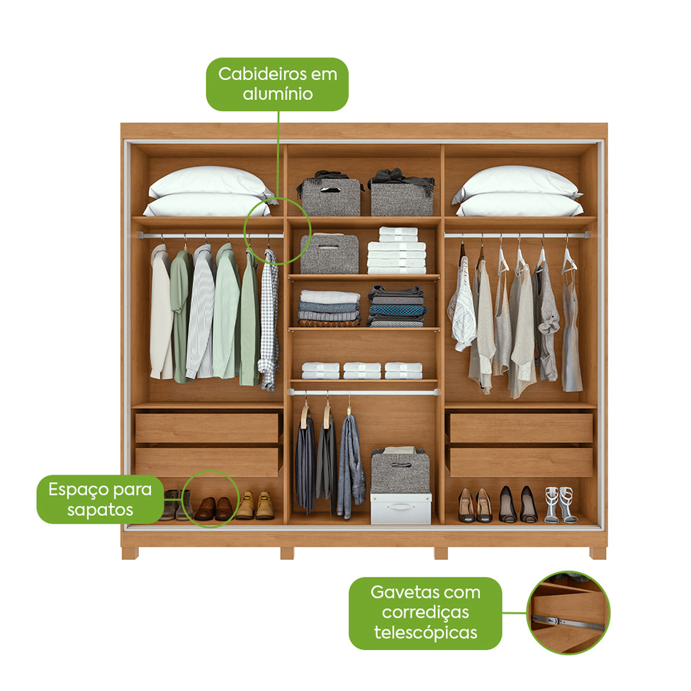 Guarda-Roupa Casal com Pés Quadrix 3 Portas 4 Gavetas Amêndoa Clean e Off White
