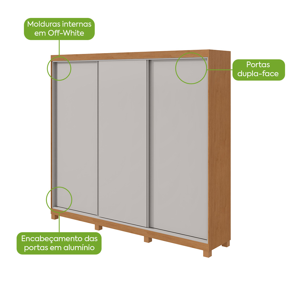 Guarda-Roupa Casal com Pés Quadrix 3 Portas 4 Gavetas Amêndoa Clean e Off White