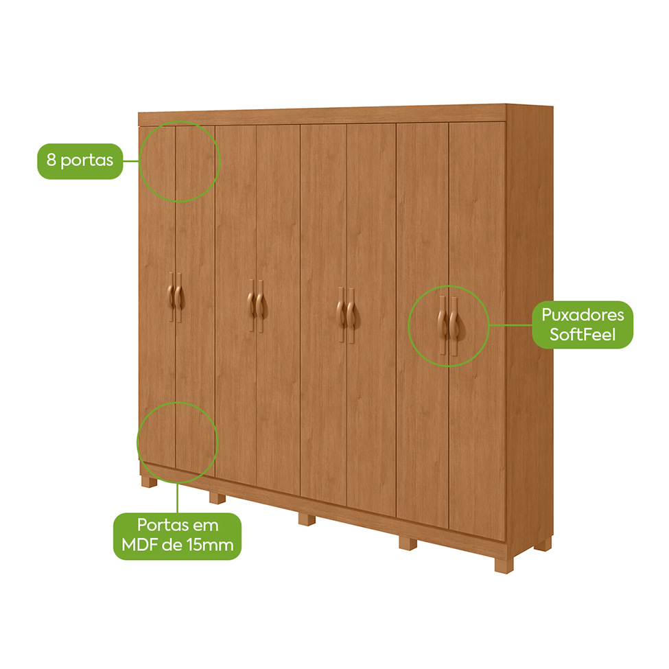 Guarda-Roupa Casal com Pés Serenata 8 Portas 6 Gavetas Amêndoa Clean
