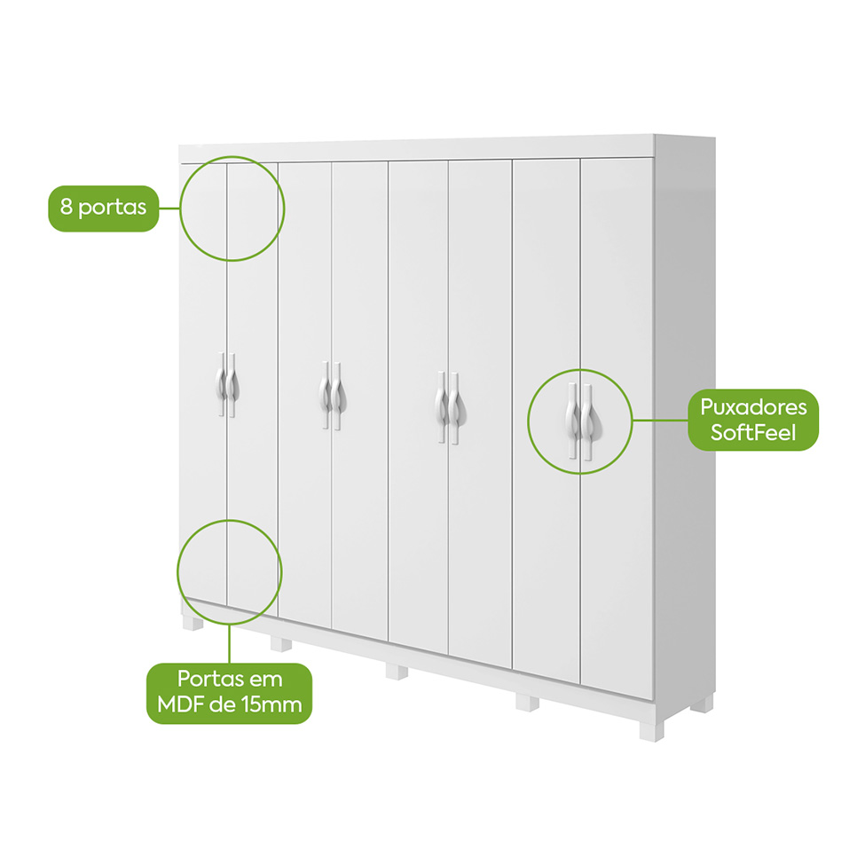Guarda-Roupa Casal com Pés Serenata 8 Portas 6 Gavetas Branco