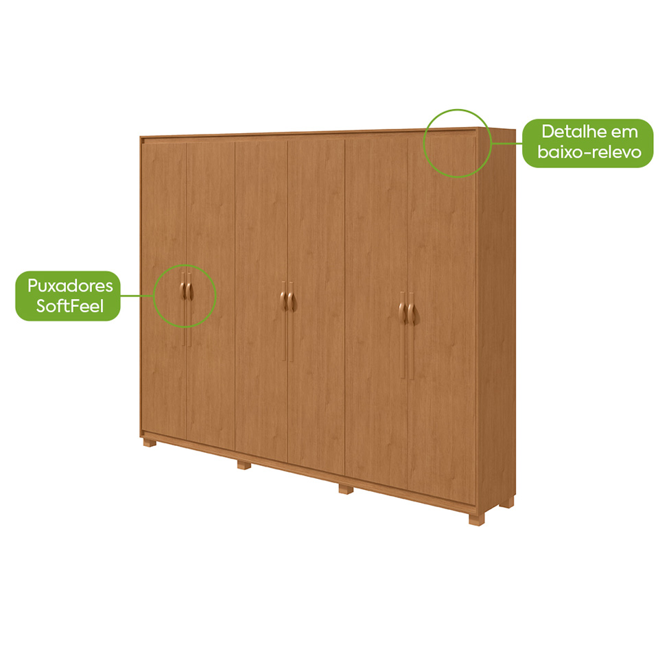 Guarda-Roupa Casal com Pés Suavitá 6 Portas 6 Gavetas Amêndoa Clean
