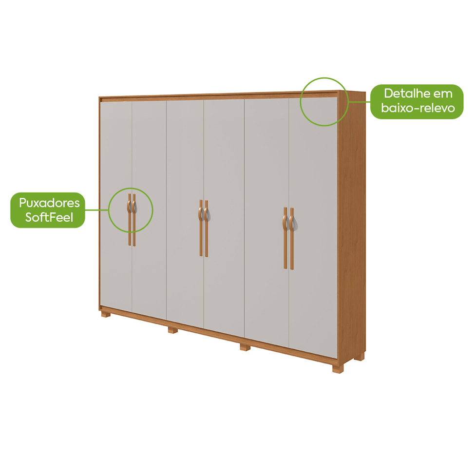 Guarda-Roupa Casal com Pés Suavitá 6 Portas 6 Gavetas Amêndoa Clean e Off White