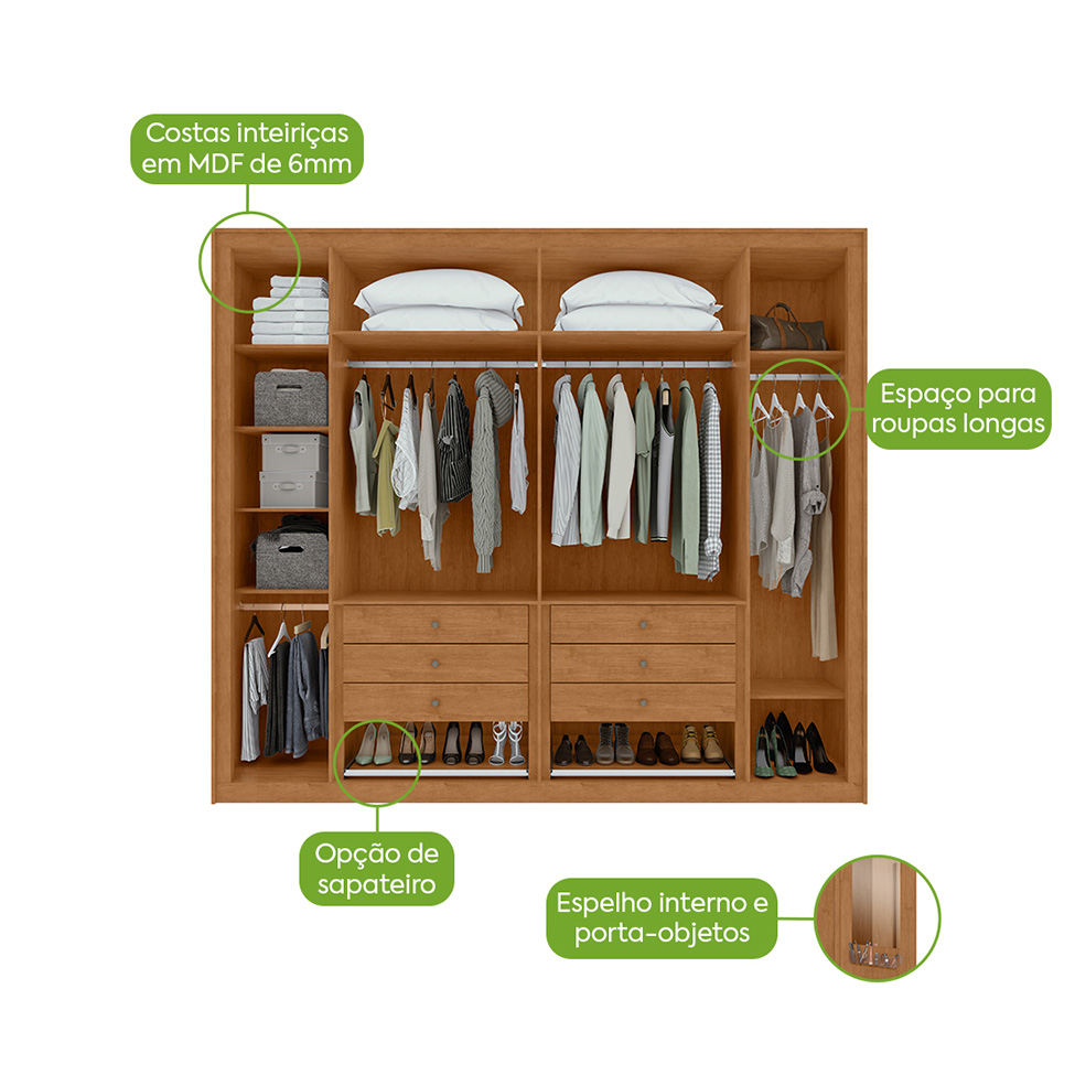 Guarda-Roupa Casal com Pés e Sapateiro Imperatore 6 Portas 6 Gavetas Amêndoa Clean e Off White