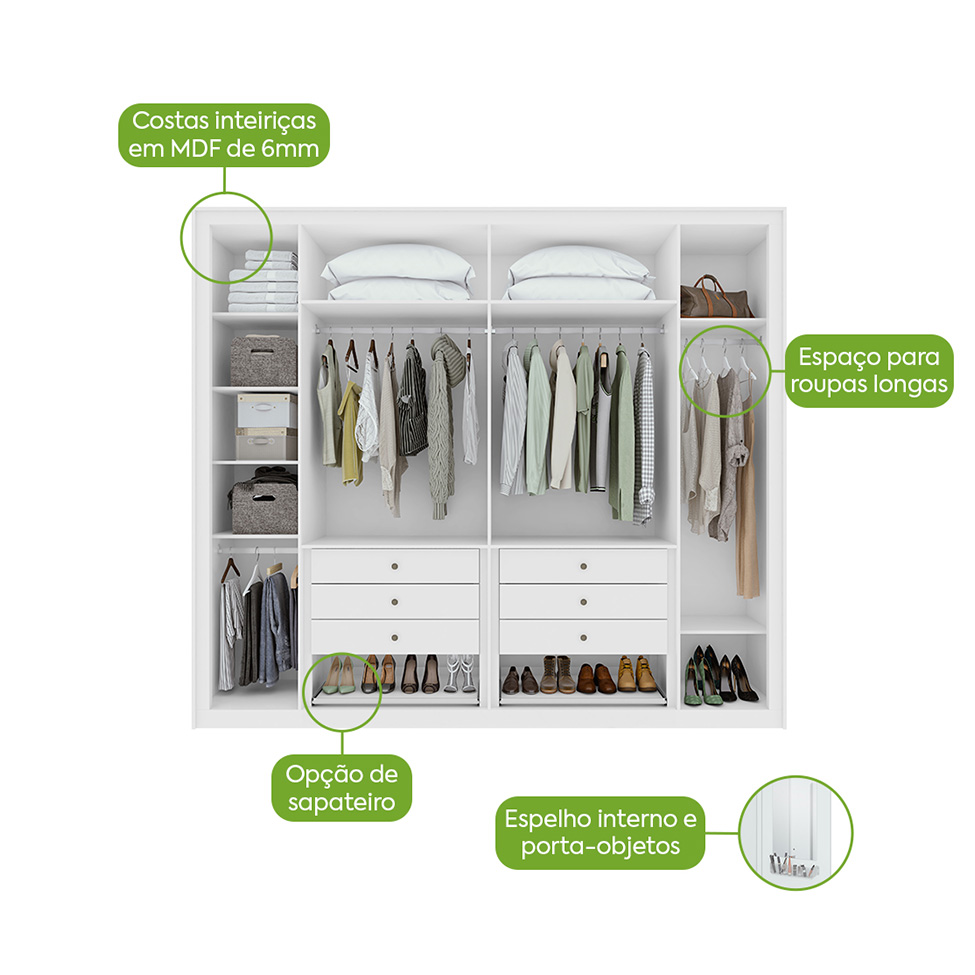 Guarda-Roupa Casal com Pés e Sapateiro Imperatore 6 Portas 6 Gavetas Branco