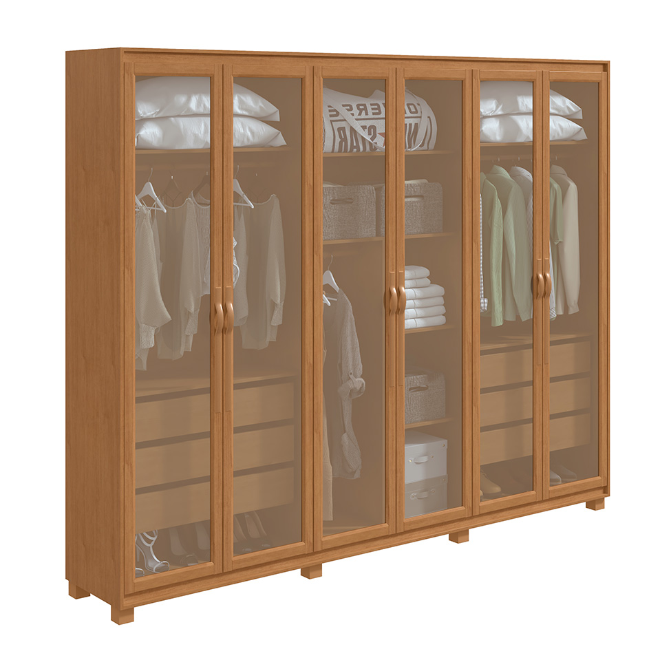 Guarda-Roupa Casal com Reflecta LED e Pés Suavitá 6 PT 6 GV Amêndoa Clean