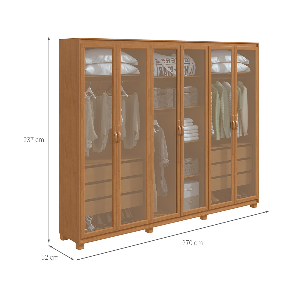 Guarda-Roupa Casal com Reflecta LED e Pés Suavitá 6 PT 6 GV Amêndoa Clean