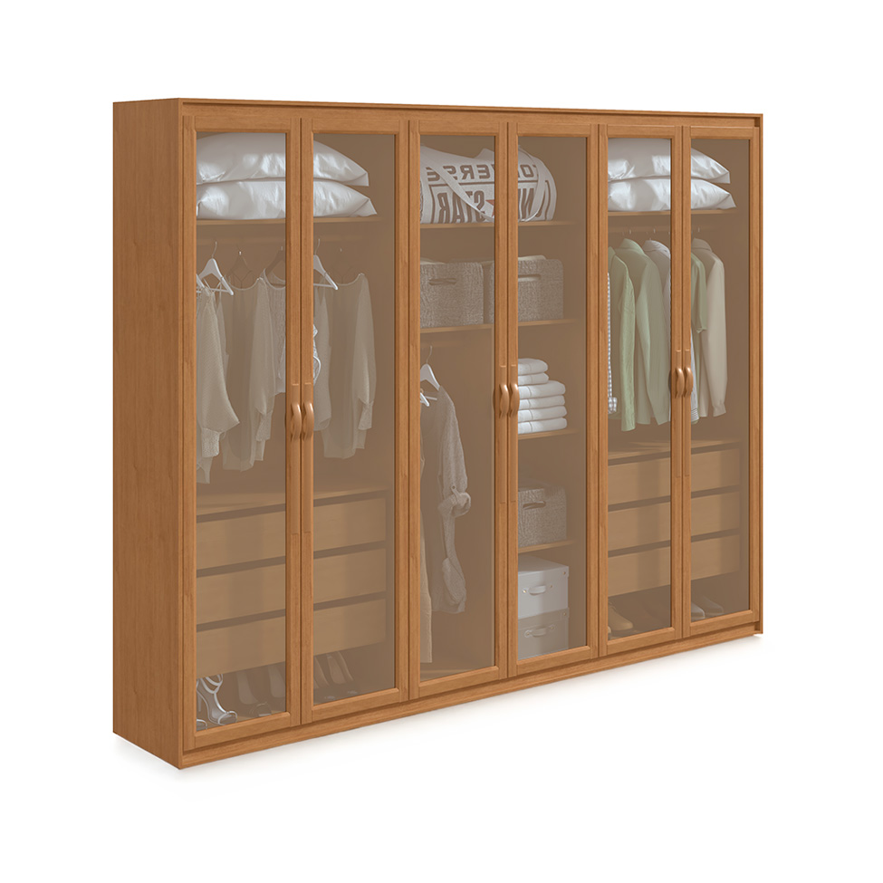 Guarda-Roupa Casal com Reflecta e LED Suavitá 6 PT 6 GV Amêndoa Clean