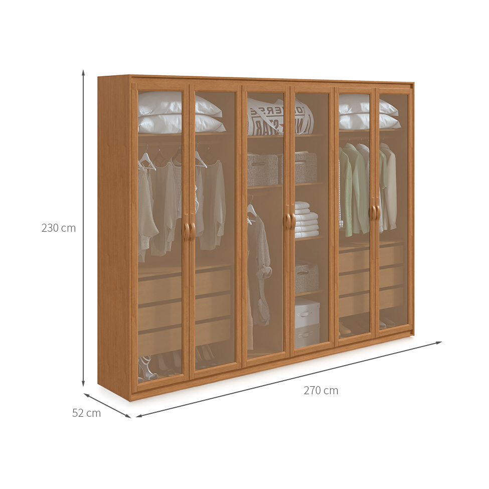 Guarda-Roupa Casal com Reflecta e LED Suavitá 6 PT 6 GV Amêndoa Clean