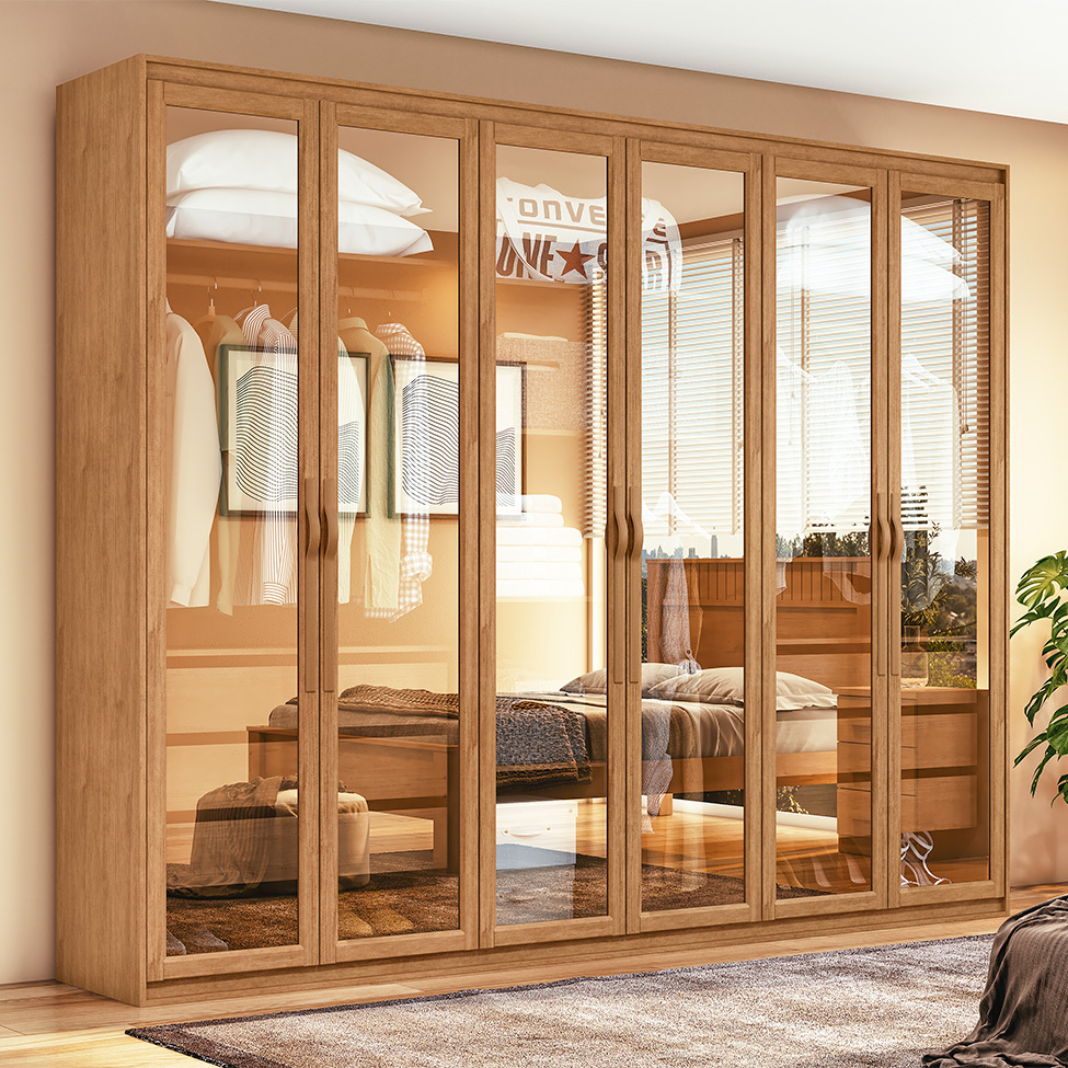 Guarda-Roupa Casal com Reflecta e LED Suavitá 6 PT 6 GV Amêndoa Clean