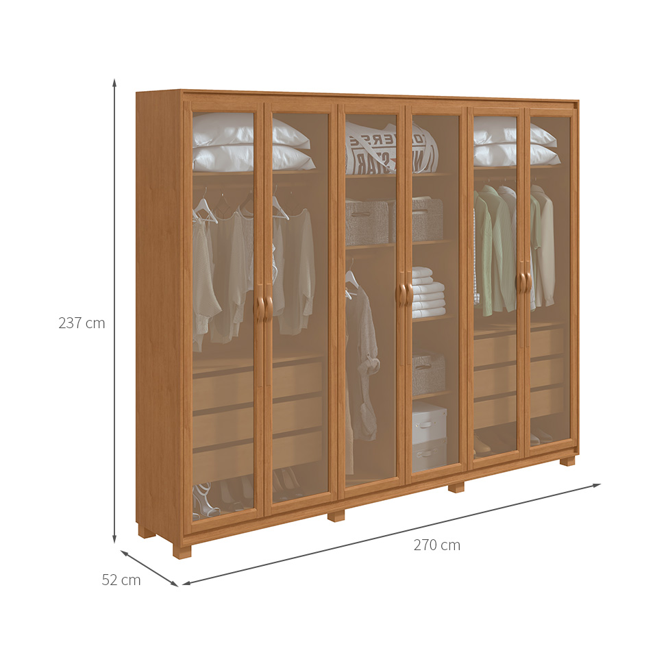 Guarda-Roupa Casal com Reflecta e Pés Suavitá 6 PT 6 GV Amêndoa Clean