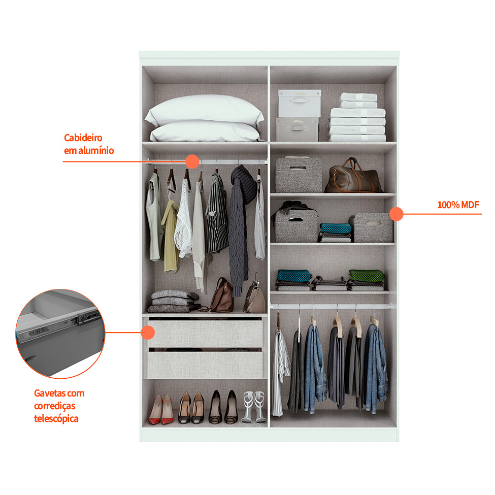 Guarda-Roupa Solteiro Alonzo 4 PT 2 GV Branco