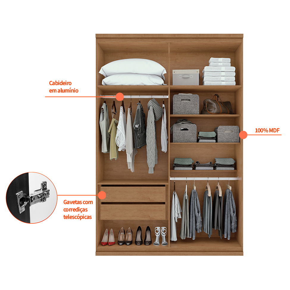Guarda-Roupa Solteiro Alonzo 4 Portas 2 Gavetas Amêndoa