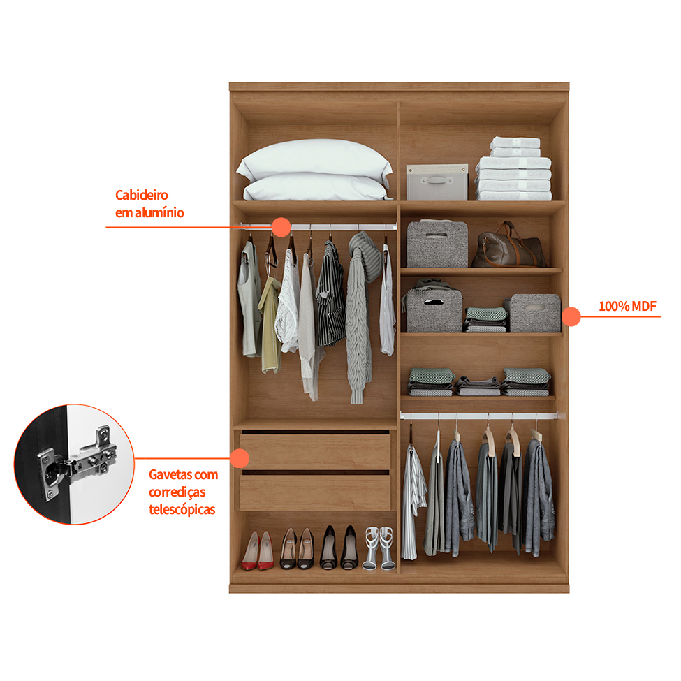 Guarda-Roupa Solteiro Alonzo 4 Portas 2 Gavetas Amêndoa e Branco