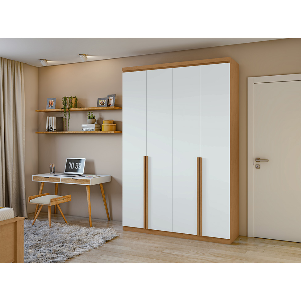 Guarda-Roupa Solteiro Alonzo 4 Portas 2 Gavetas Amêndoa e Branco