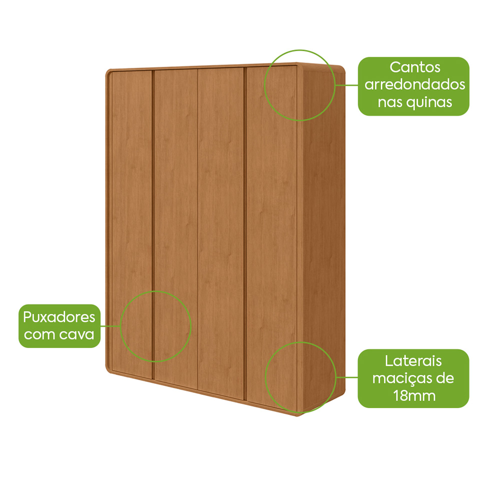 Guarda-Roupa Solteiro Loop 4 Portas 3 Gavetas Amêndoa Clean