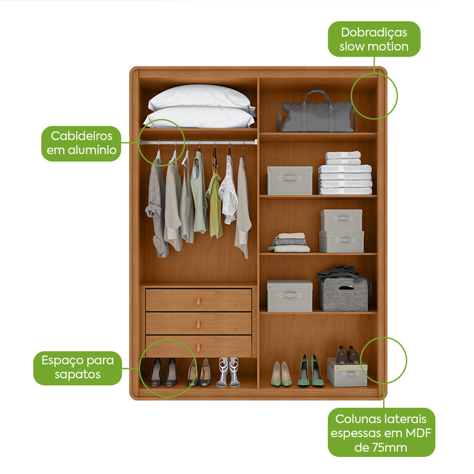 Guarda-Roupa Solteiro Loop 4 Portas 3 Gavetas Amêndoa Clean e Off White