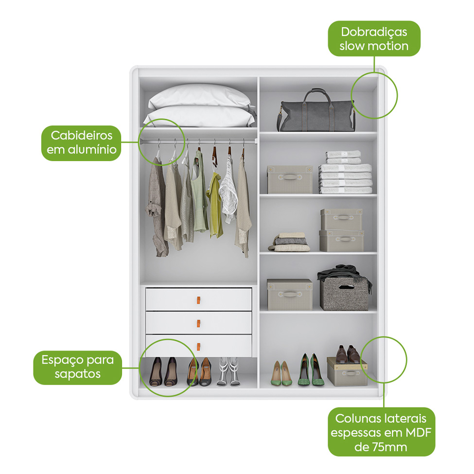 Guarda-Roupa Solteiro Loop 4 Portas 3 Gavetas Branco