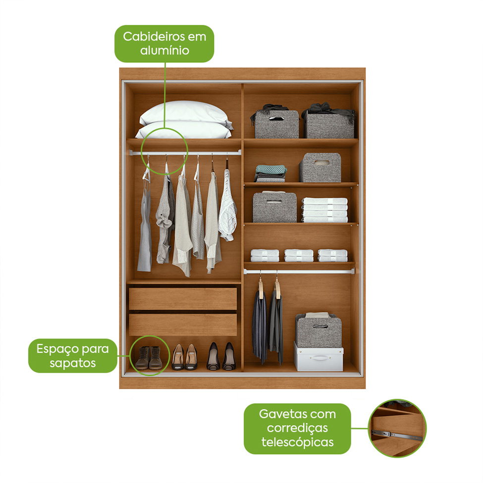 Guarda-Roupa Solteiro Quadrix 2 Portas 2 Gavetas Amêndoa Clean e Off White