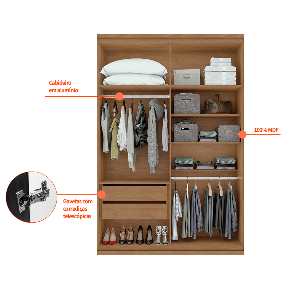 Guarda-Roupa Solteiro com Espelho Alonzo 4 Portas 2 Gavetas Amêndoa