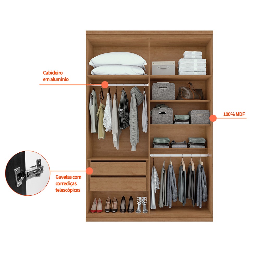 Guarda-Roupa Solteiro com Espelho Alonzo 4 Portas 2 Gavetas Amêndoa e Branco