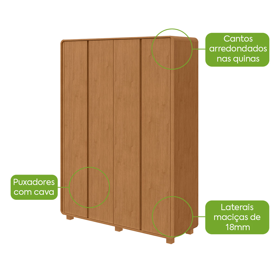 Guarda-Roupa Solteiro com Pés Loop 4 Portas 3 Gavetas Amêndoa Clean