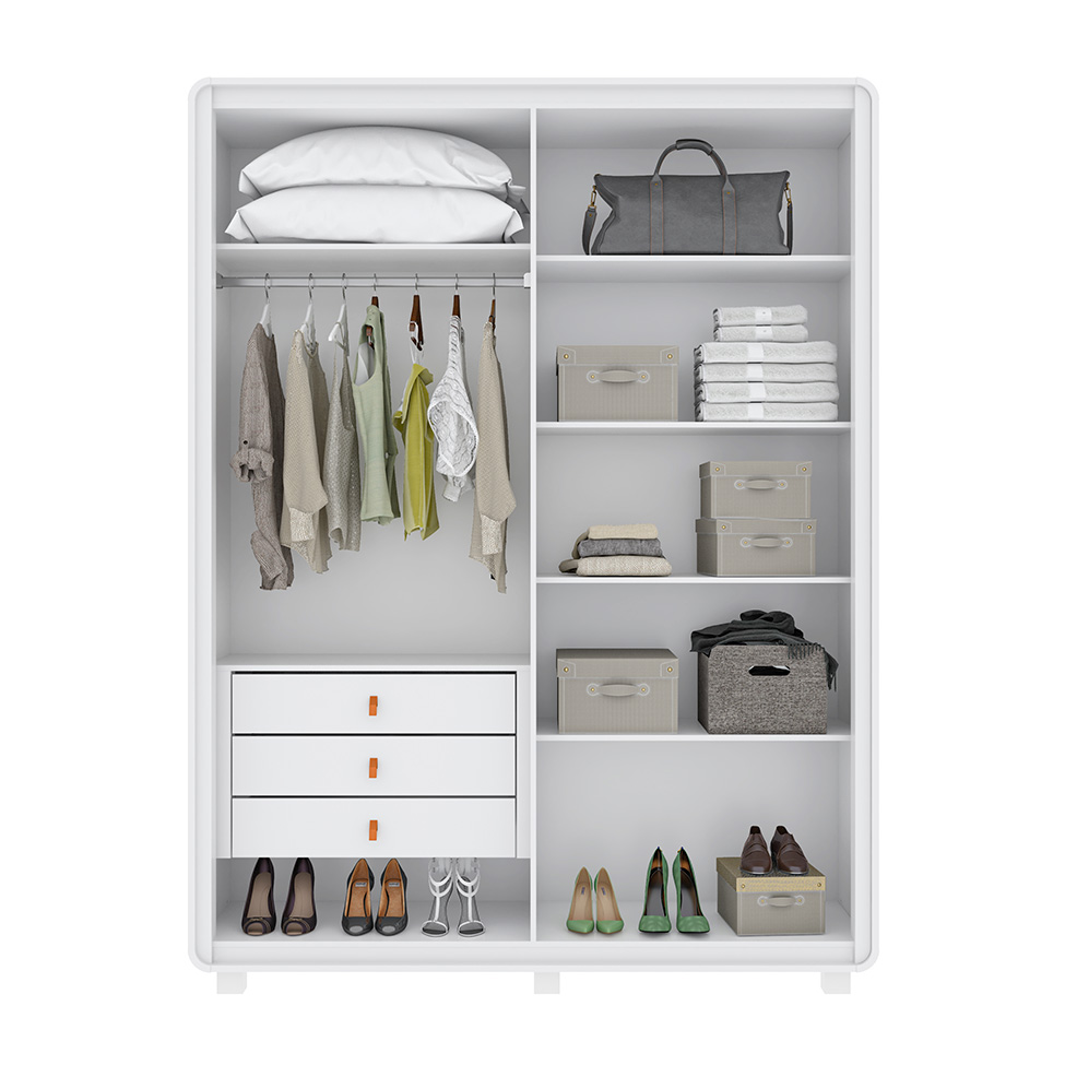 Guarda-Roupa Solteiro com Pés Loop 4 Portas 3 Gavetas Amêndoa Clean e Off White