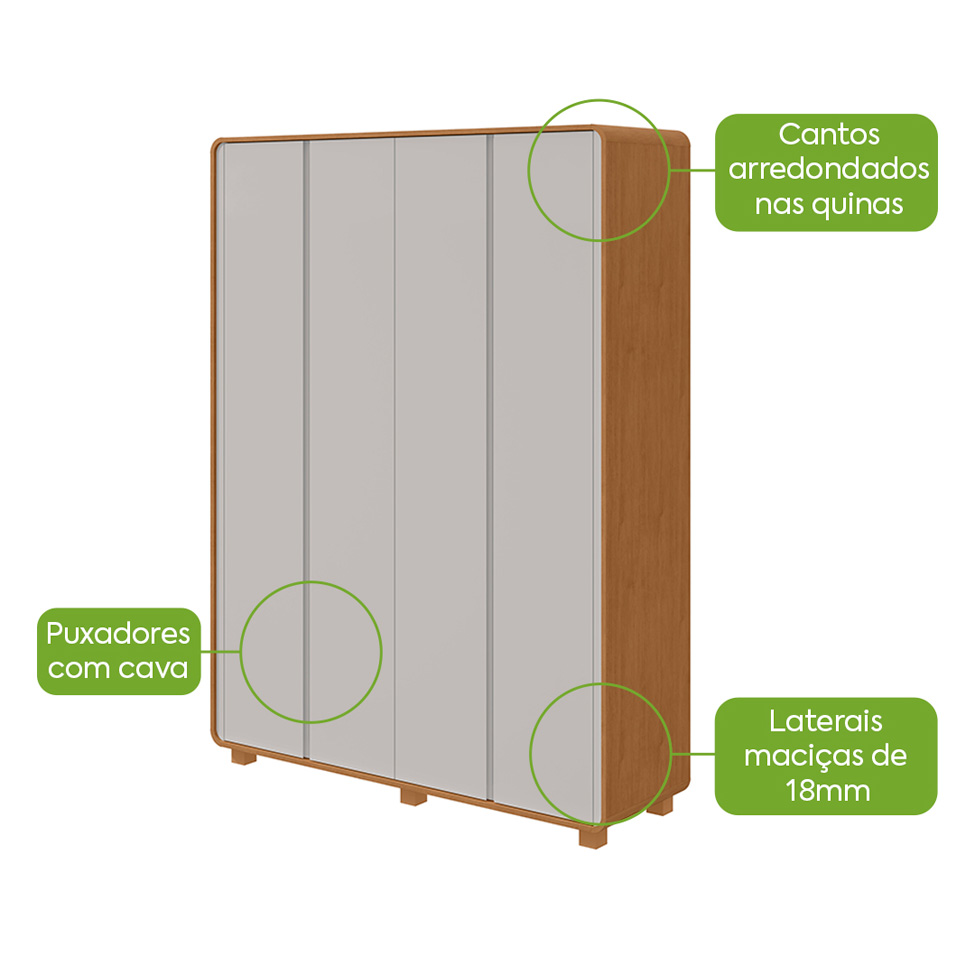 Guarda-Roupa Solteiro com Pés Loop 4 Portas 3 Gavetas Branco