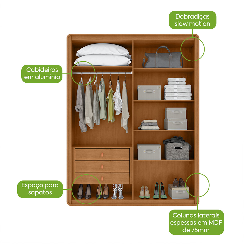 Guarda-Roupa Solteiro com Pés Loop 4 Portas 3 Gavetas Branco