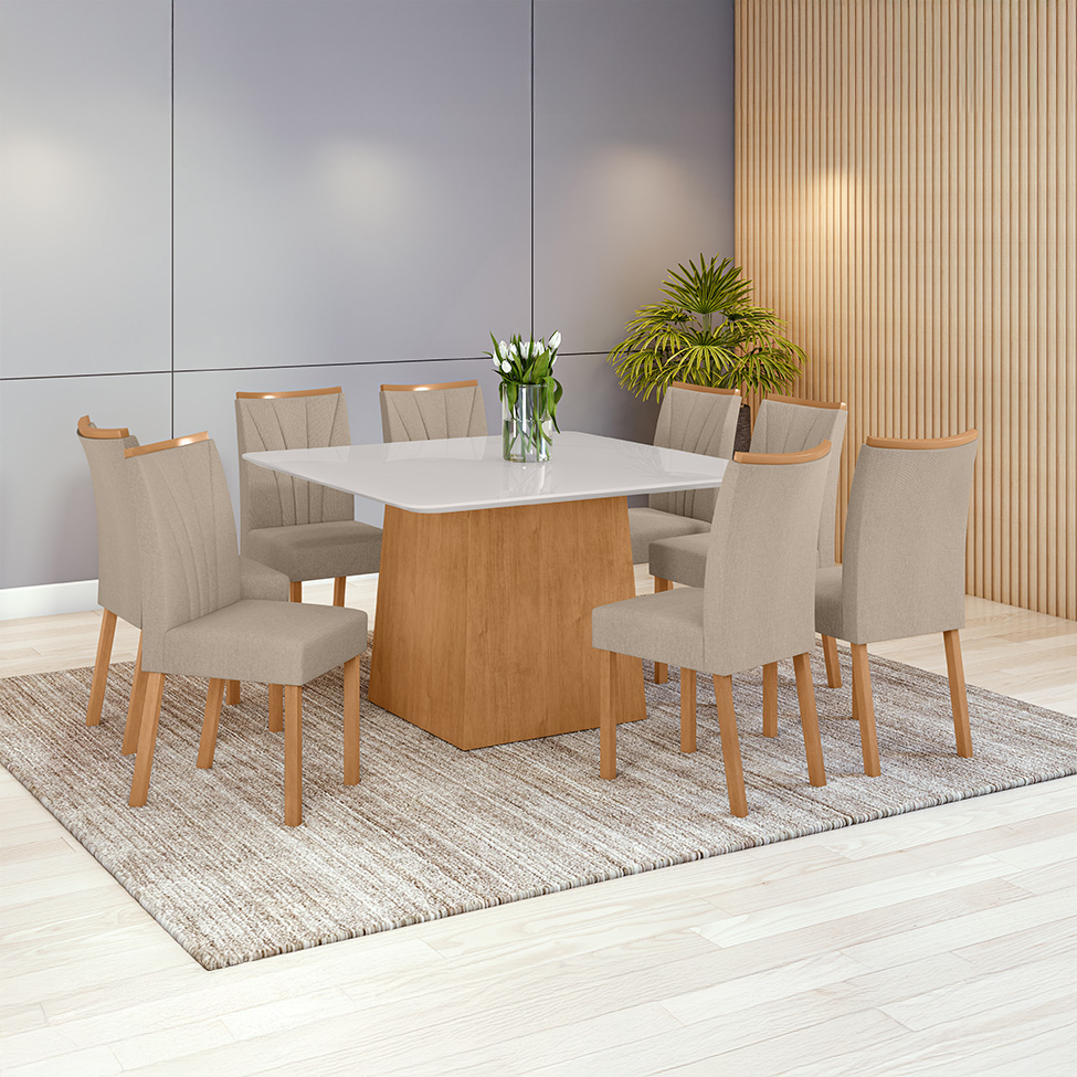 Mesa de Jantar Quadrada com Tampo de Vidro Nevada Plus Amêndoa Clean e Off White 130 cm