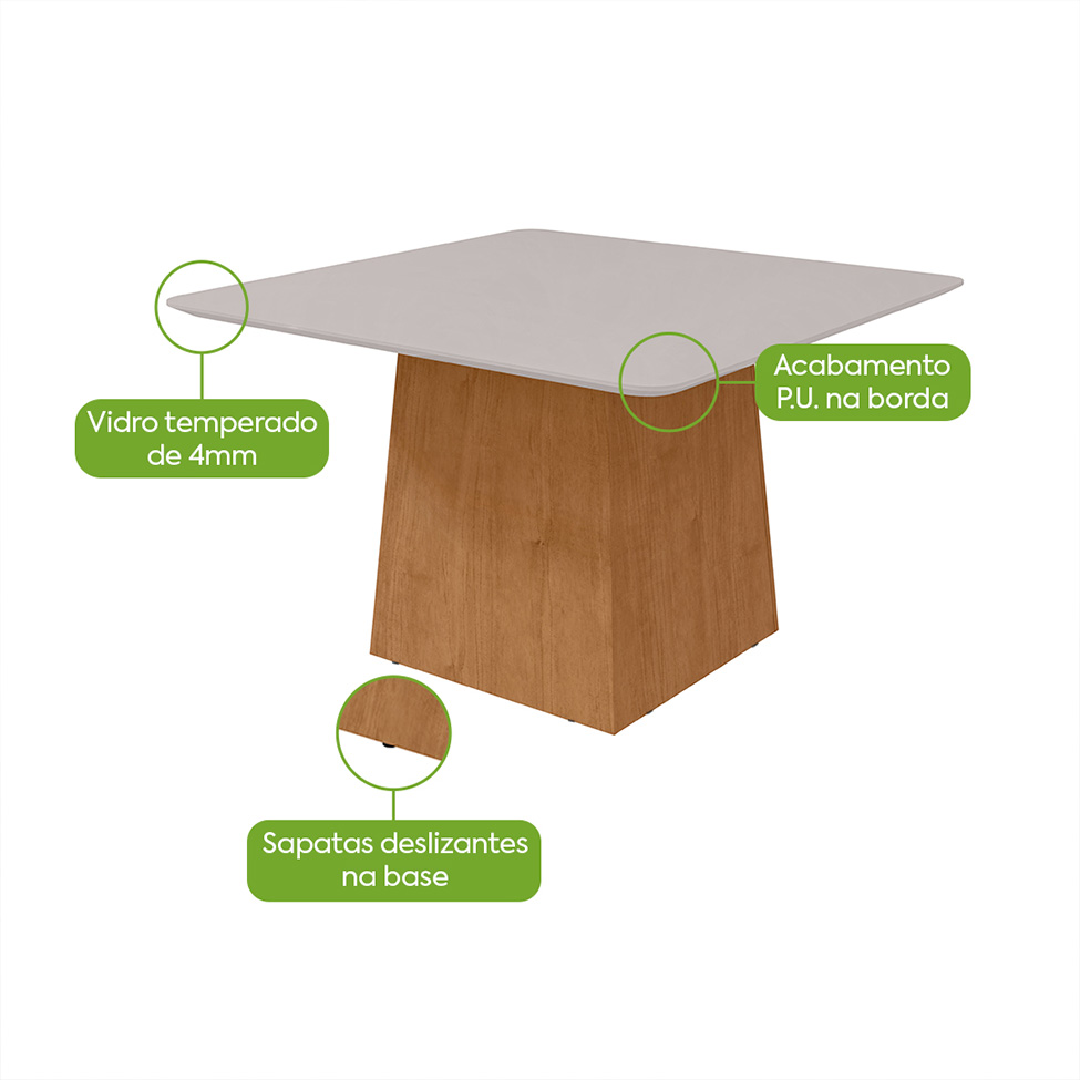 Mesa de Jantar Quadrada com Tampo de Vidro Nevada Plus Amêndoa Clean e Off White 130 cm